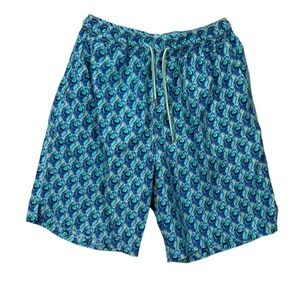 Peter Millar Men's Blue Green Peacock Print Polyester Swim Trunks Shorts Size M